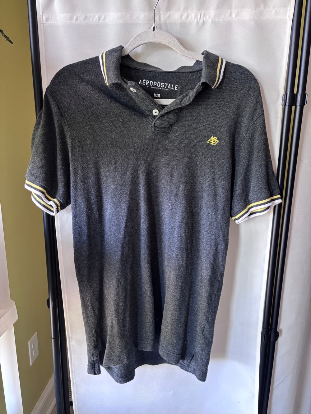 Vintage y2k Aeropostale Dark Gray Polo with Yellow & White Stripe Trim